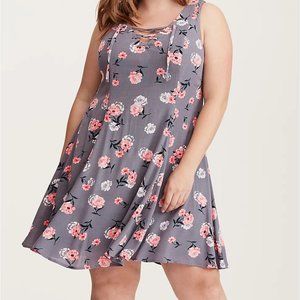 FLORAL PRINT LACE UP GAUZE TRAPEZE DRESS